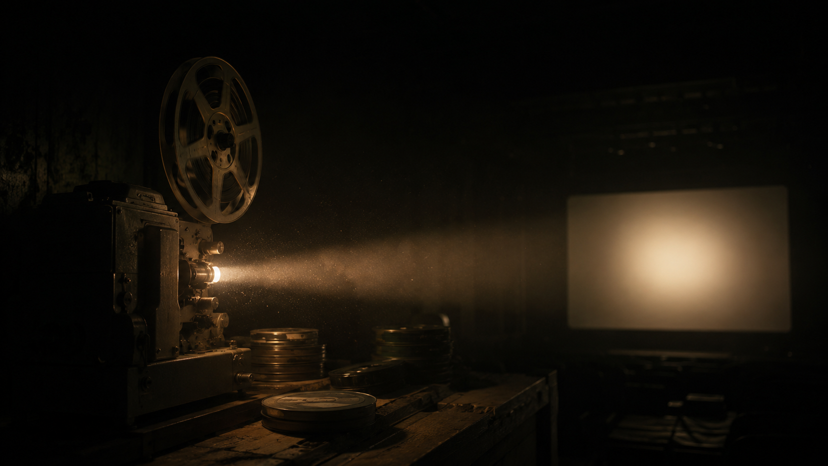 Vintage 35mm projector beaming through dust toward an empty screen in a darkened booth