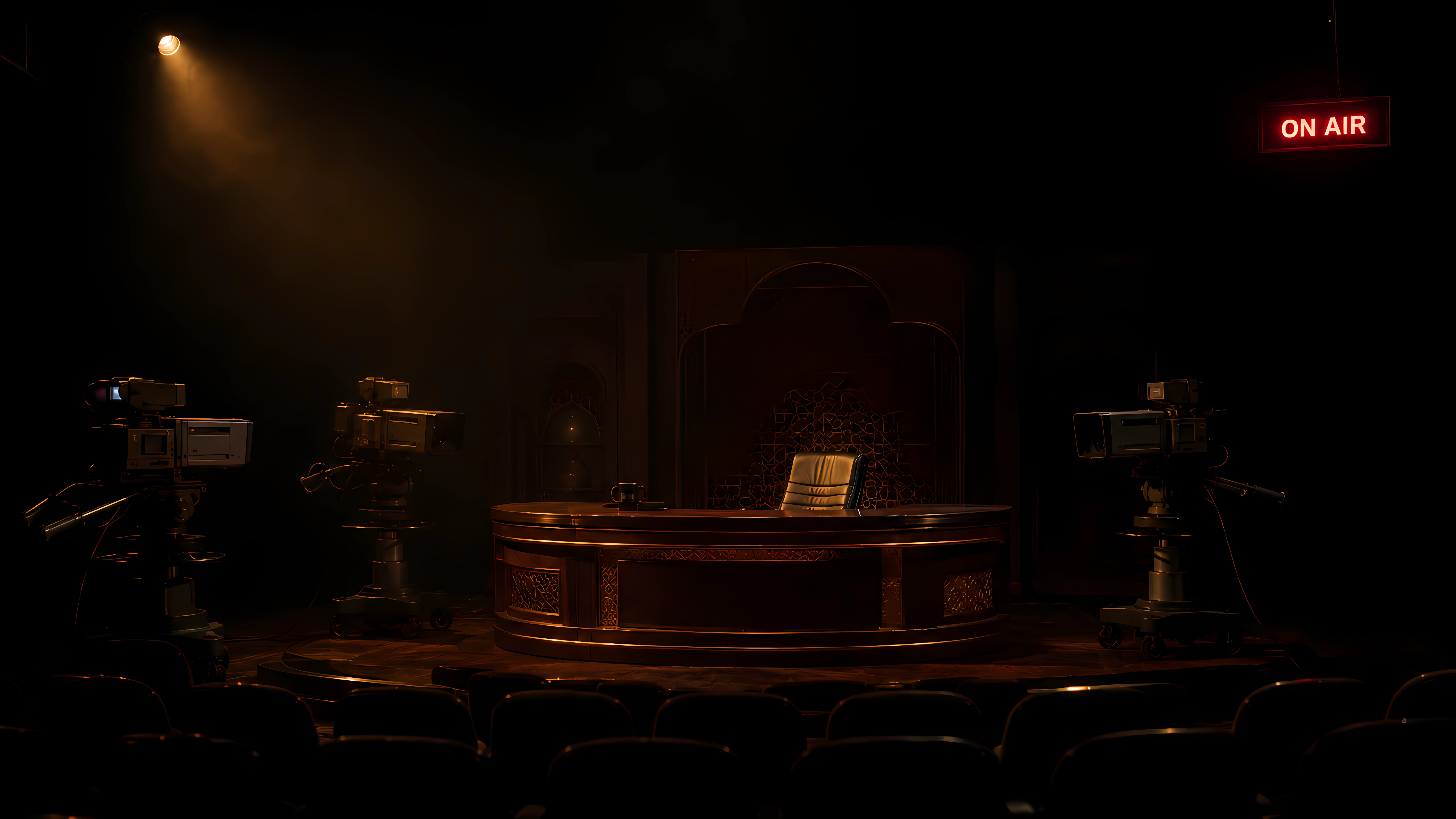 A vintage Arab-region TV variety-show studio at the end of a live taping, on-air sign glowing