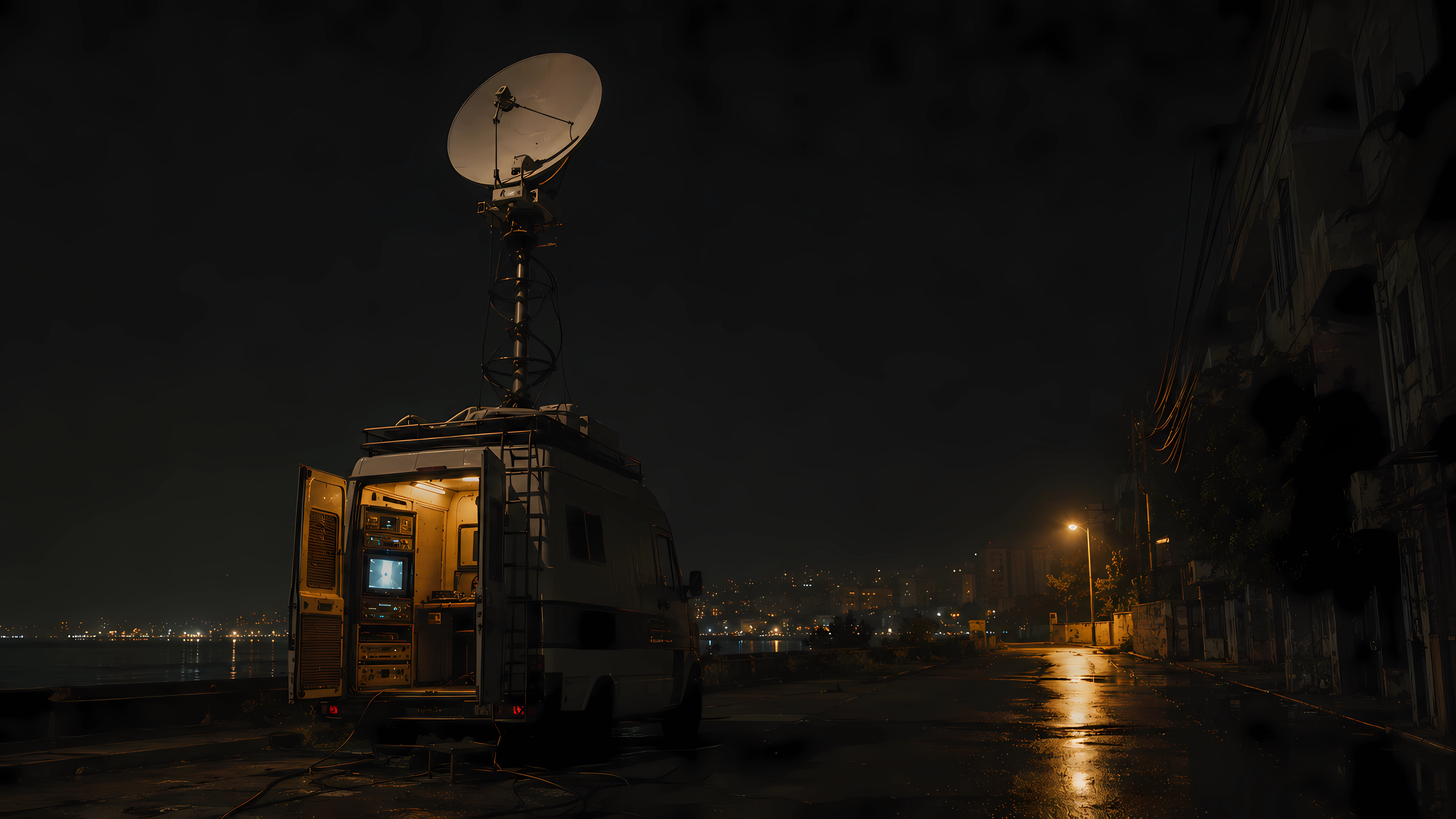 SNG broadcast van on a Beirut street at night, satellite dish deployed